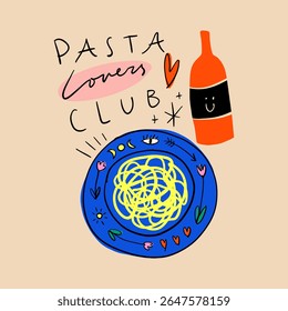 Pasta Lover Club funny lettering. Italy mediterranean doodle food, plate of pasta hand drawn vector, Italian summer cafe or restaurant vector artwork for t shirt, menu, graphic. 3D Illustration