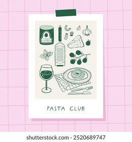 Pasta Lovers Club poster design. Wall Decor for kitchen, cafe and restaurant. Vector illustration