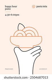 Plantilla de póster de almuerzo de pasta. Placa de espagueti en la ilustración de la mano. Fondo de tazón de fideos moderno. Concepto de diseño de ramen de Vector. Arte creativo del volante del Anuncio para el restaurante italiano, asiático, chino, japonés