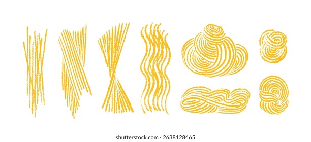 Pasta, macaroni crayon sign. Hand draw chalk set, tagliatelle vector texture collection isolated on white backdrop. Wavy abstract lanes, curvy illustration. Traditional Italian, Chinese of Japan food