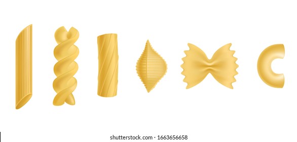 Pasta and macaroni set, dry penne, fusilli, rigatoni, conchiglie, farfalle, chiferri isolated on white background, design elements for food advertising Realistic 3d vector illustration, icon, clip art