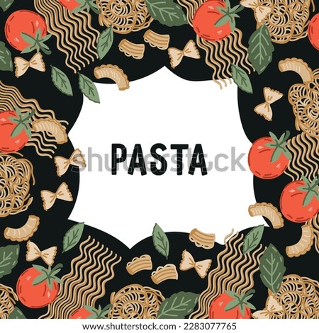 Pasta and macaroni square banner or label design, hand drawn flat vector Illustration background. Background for Italian cuisine and pasta packaging and menu.