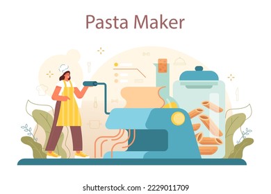 Pasta maker. Baker cooking italian traditional food. Semi-processed noodles doughing, forming and drying. Flat vector illustration