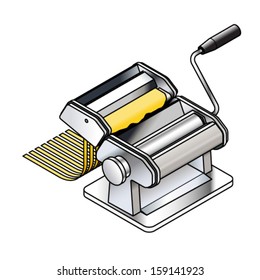 A pasta maker cutting strips of tagliatelle / Bavette / ribbon noodles.