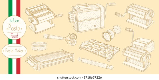 Pasta maker equipment for cooking italian food , sketching illustration in vintage style