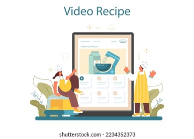 Pasta maker online service or platform. Baker cooking italian traditional food. Noodles doughing, forming and drying. Video recipe. Flat vector illustration
