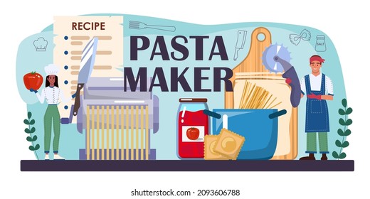 Pasta maker typographic header. Homemade italian food with cheese, meat and vegetable ingredients. Spaghetti, farfalle, fettuccine and ravioli pasta. Flat vector illustration