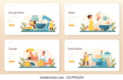 Pasta maker web banner or landing page set. Baker cooking italian traditional food. Semi-processed noodles doughing, forming and drying. Flat vector illustration