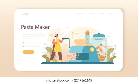 Pasta maker web banner or landing page. Baker cooking italian traditional food. Semi-processed noodles doughing, forming and drying. Flat vector illustration