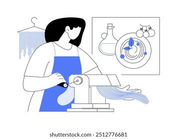 Massa fazendo ilustrações isoladas de vetor de desenhos animados. Mulher aprendendo a fazer massa, usando aparelhos de cozinha especiais, um dia de oficina de cozinha, master class, preparação de espaguete vetor cartoon.