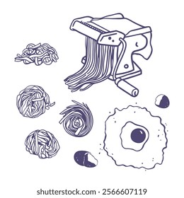 Pasta making machine hand drawn illustration. Set of kitchen device, fresh pasta and ingredients