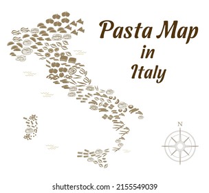 Pasta map of Italy based on the pasta popularity. Icon set.