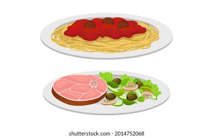 Pasta with Meat Balls and Beef Slab with Salad as Meat Dish Served on Plate Vector Set