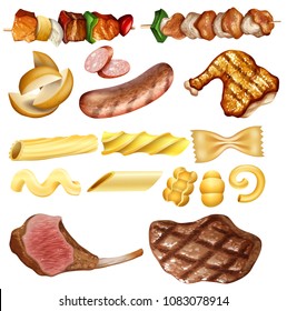 Dibujo de pasta y carne en fondo blanco