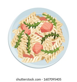 Pasta with Meat Slabs and Greenery Served on Plate Vector Illustration