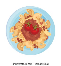 Pasta with Meat and Tomatoes Served on Plate Vector Closeup Illustration