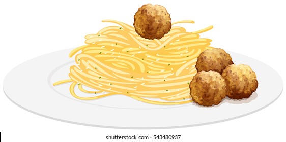 Pasta and meatballs on the plate illustration