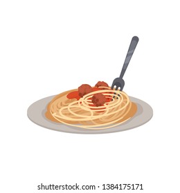 Pasta with meatballs on a plate. Vector illustration.