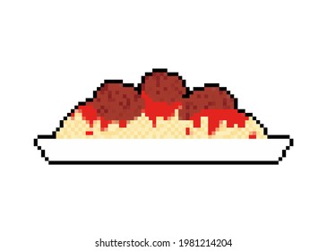 Pasta with meatballs pixel art 8 bit. Food pixelated vector illustration