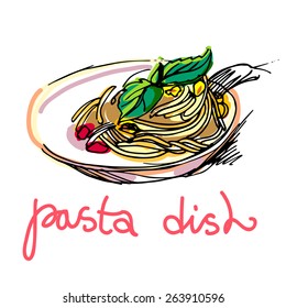 Pasta Menu, hand drawn vector illustration, national Italian pasta. Dish of pasta.