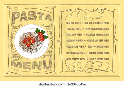 Plantilla de diseño de lista de menús Pasta, ilustración de esbozo gráfico en papel