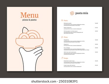 Pasta menu template. Spaghetti plate in hand illustration. Modern noodle bowl background. Vector ramen design concept. Creative art for italian, asian, chinese, japanese restaurant, cafe, bar