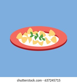pasta menu vector modern icon. pasta in a cream on a modern plate with green leaf oregano decoration cartoon flat design. simple clean tasty creamy Pasta isolated with cheese on round circle dish. 