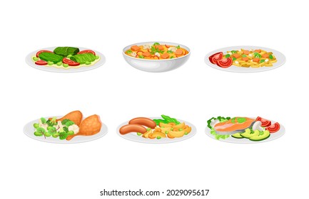 Pasta Mixed with Salmon Slabs and Herbs and Vegetable with Chicken Rested on Plate Vector Set