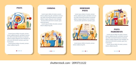 Pasta mobile application banner set. Homemade italian food with cheese, meat and vegetable ingredients. Spaghetti, farfalle, fettuccine and ravioli pasta. Flat vector illustration