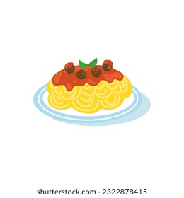 Pasta is a national Italian dish. Spaghetti with meatballs in tomato sauce. Vector cartoon hand drawn colorful illustration. Isolate on a white background