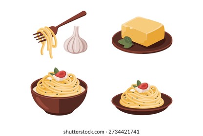 Ilustración de cena de noche de pasta, fideos giratorios de tenedor, palmadita de mantequilla, bulbo de ajo, plato rústico, Vector de carteles de festival de comida familiar