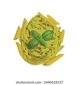 Pasta Noodles with Basil Top View