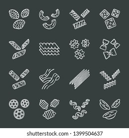 Pasta noodles chalk icons set. Italian traditional macaroni. Shaped and dried unleavened dough products. Assortment of dry flour groceries. Types of noodles. Isolated vector chalkboard illustrations