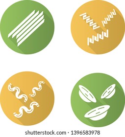 Pasta noodles flat design long shadow glyph icons set. Spaghetti, fusilli, cavatappi, orecchiette. Italian food. Mediterranean macaroni. Culinary semi-finished products. Vector silhouette illustration