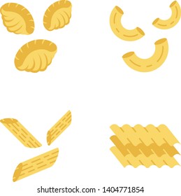 Pasta noodles flat design long shadow color icons set. Different Mediterranean macaroni. Shells, elbows, penne, lasagne sheets. Traditional Italian cuisine. Vector silhouette illustrations