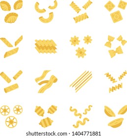 Pasta noodles flat design long shadow color icons set. Italian macaroni. Shaped and dried dough products. Assortment of dry flour groceries. Types of noodles. Vector silhouette illustrations