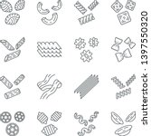 Pasta noodles linear icons set. Italian traditional macaroni. Shaped, dried dough products. Assortment of groceries. Thin line contour symbols. Isolated vector outline illustrations. Editable stroke