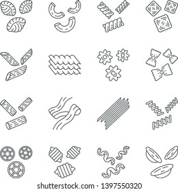 Pasta noodles linear icons set. Italian traditional macaroni. Shaped, dried dough products. Assortment of groceries. Thin line contour symbols. Isolated vector outline illustrations. Editable stroke