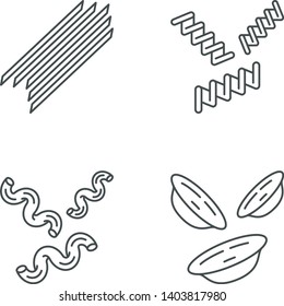 Pasta noodles linear icons set. Spaghetti, fusilli, cavatappi, orecchiette. Italian food. Mediterranean macaroni. Thin line contour symbols. Isolated vector outline illustrations. Editable stroke