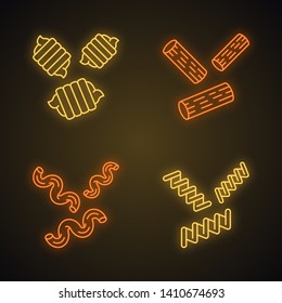 Pasta noodles neon light icons set. Riccioli, rigatoni, fusilli, cavatappi. Italian food. Mediterranean macaroni. Culinary semi-finished products. Glowing signs. Vector isolated illustrations