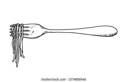 Pasta Noodles On A Cutlery Fork. Sketch Isolated