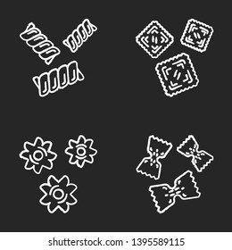 Pasta noodles types chalk icons set. Macaroni different shapes. Gemelli, ravioli, stele, farfalle. Mediterranean cuisine. Dough products. Italian food. Isolated vector chalkboard illustrations