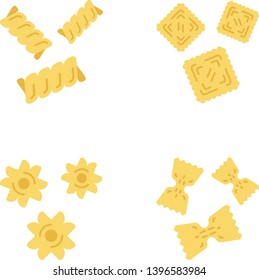 Pasta noodles types flat design long shadow color icons set. Macaroni different shapes. Gemelli, ravioli, stele, farfalle. Mediterranean cuisine. Italian food. Vector silhouette illustrations