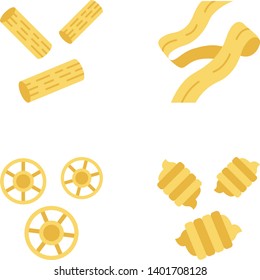 Pasta noodles types flat design long shadow color icons set. Traditional Mediterranean macaroni. Rigatoni, pappardelle, rotelle, riccioli. Italian food. Vector silhouette illustrations
