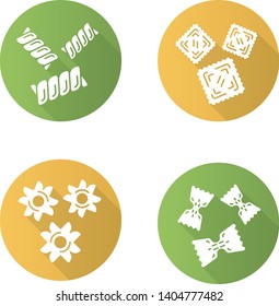 Pasta noodles types flat design long shadow glyph icons set. Macaroni different shapes. Gemelli, ravioli, stele, farfalle. Dough products. Traditional Italian food. Vector silhouette illustration