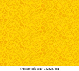 Pasta noodles vector seamless pattern. Macaroni linear icons yellow background. Traditional italian pasta types orange texture. Restaurant, kitchen textile, wallpaper, wrapping paper design