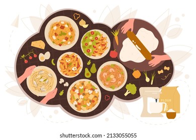 Pasta on dinner, Italian food. Top view of hands cooking and eating cooked spaghetti with vegetables, shrimp and cheese, rolling out pasta dough on kitchen or cafe table flat vector illustration