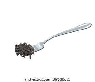 Pasta on fork. Black spaghetti. Vector illustration flat cartoon icon isolated on white background.