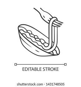 Pasta on fork linear icon. Spaghetti, macaroni, noodle. Traditional italian food. Restaurant, cafe menu. Thin line illustration. Contour symbol. Vector isolated outline drawing. Editable stroke