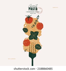 Pasta on a fork. Pasta with meatball and basil. Italian food design template. Textured vintage illustration.